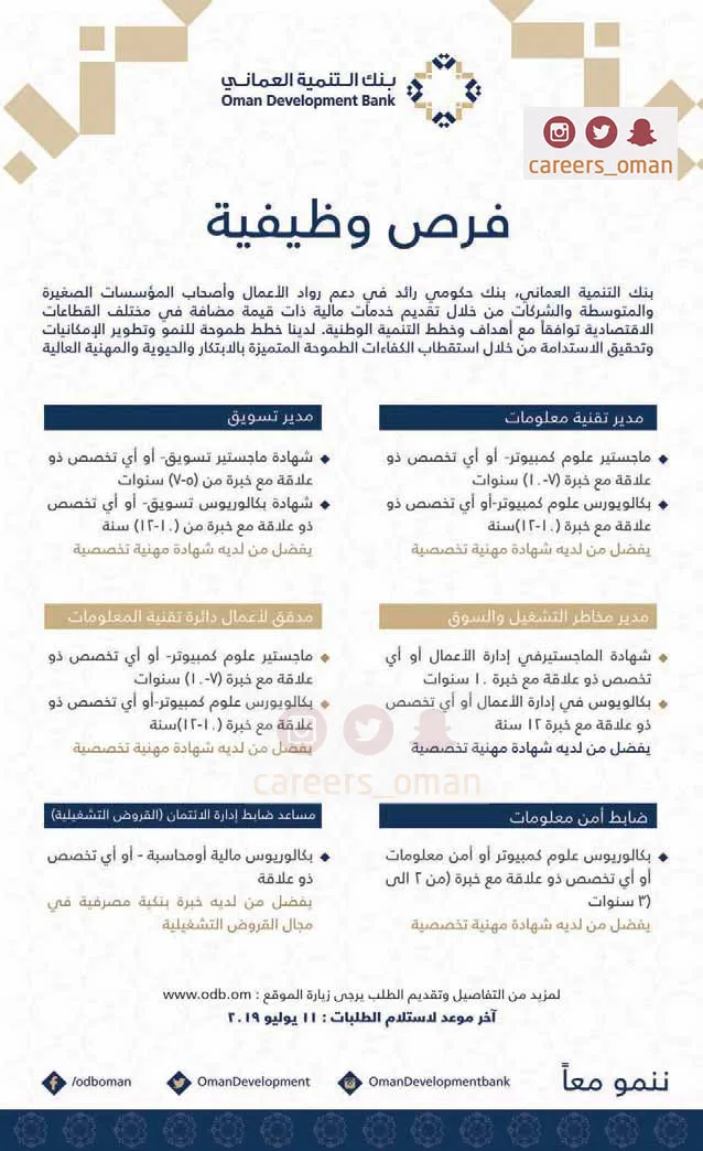 بنك التنمية العُماني – فرص وظيفية